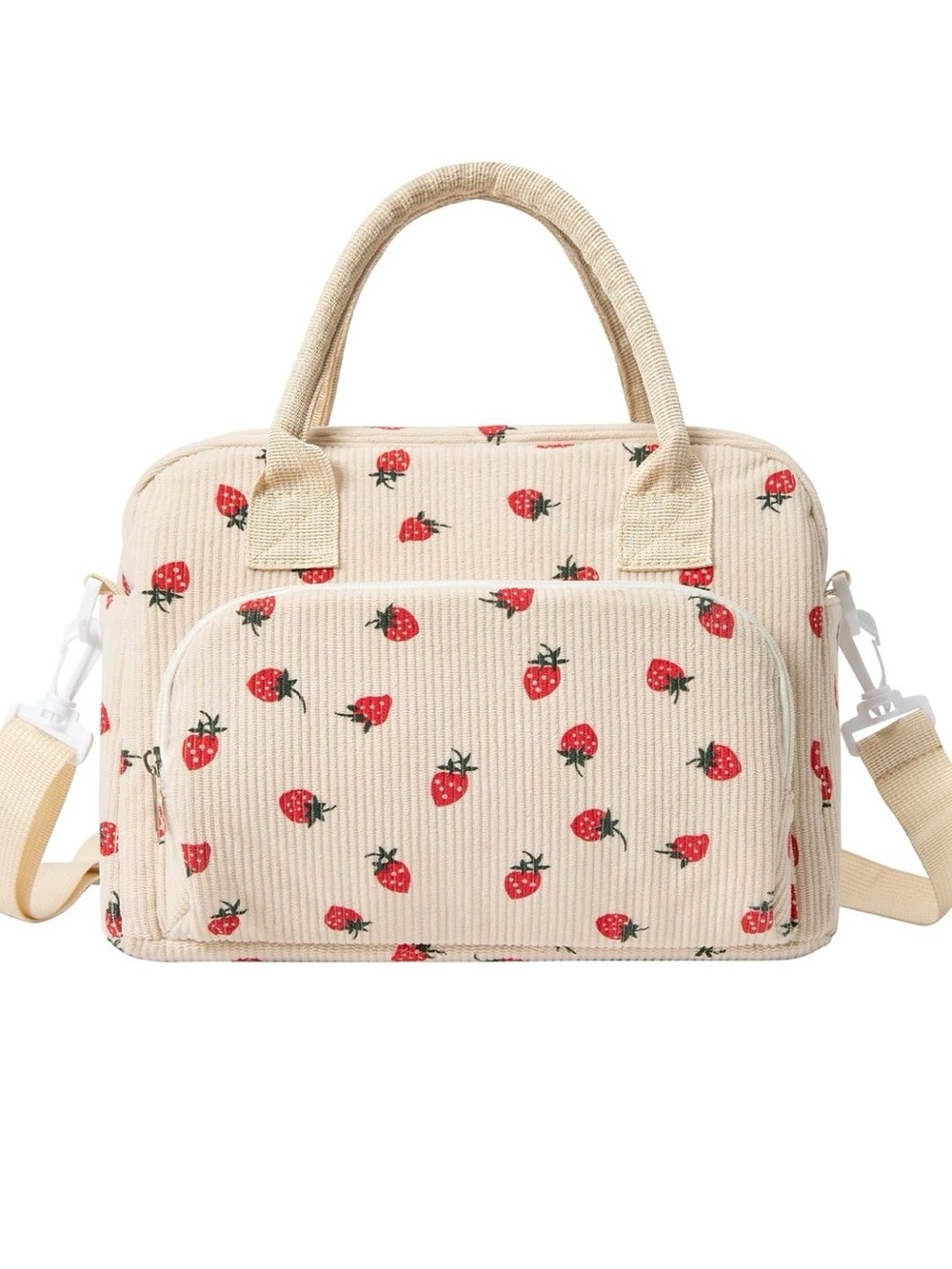 Brand New! Strawberry Print Beige Corduroy Insulated Tote Bag